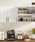 Works Like A Charm Farmhouse Wall Cabinet With Four Soft Close Barn Doors And Three Adjustable Shelves Solid Choice For laundry organization or bath storage in clean white wood grain with open shelves and decor.
