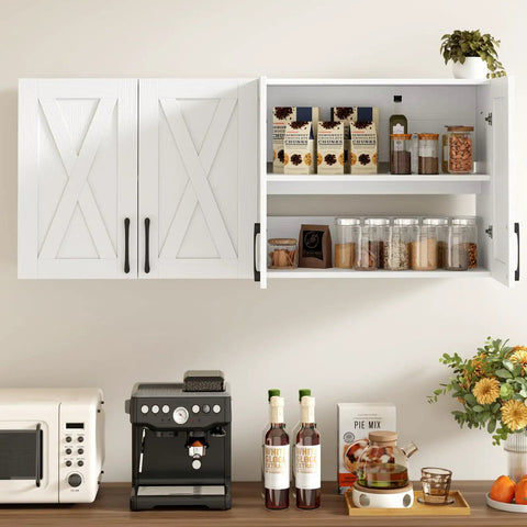 Works Like A Charm Farmhouse Wall Cabinet With Four Soft Close Barn Doors And Three Adjustable Shelves Solid Choice For laundry organization or bath storage in clean white wood grain with open shelves and decor.