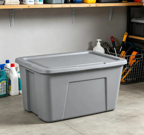 Kickass 30 Gallon Heavy Duty Plastic Storage Bin With Secure Snap Lid For Garage Organization Seasonal Gear Sorting And Everyday Essentials In Matte Gray Finish in a garage setting.