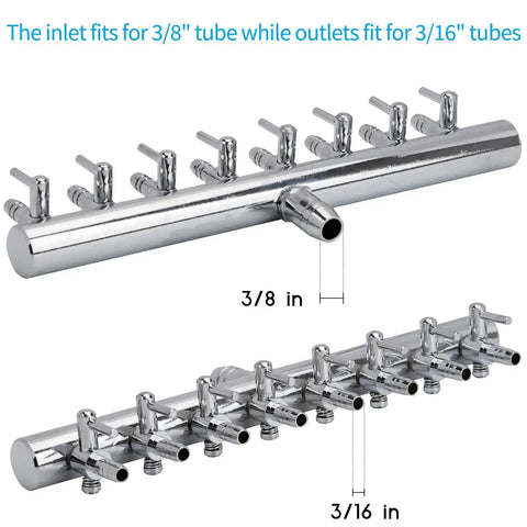 Eight Way Aquarium Air Flow Control Valve With Slick Manual Adjustment Levers Rock Solid Chromium Copper Build, showcasing 3/8" inlet and 3/16" outlets.