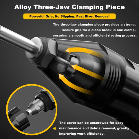 Close-up of the alloy three-jaw clamping piece for the Top Tier Cordless Electric Rivet Gun Tool Only Fits Standard 20V Batteries.