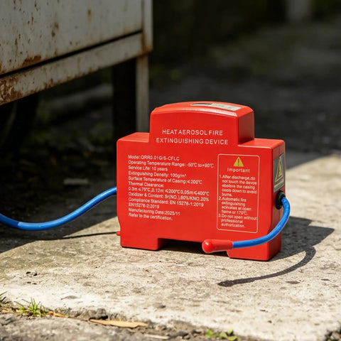Heat Trip Automatic Fire Suppressor For Truck Engine Compartment featuring compact design and blue trigger cable.