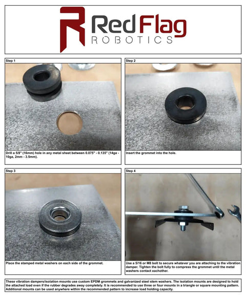 Rock Solid Quad Set Heavy Duty EPDM Rubber Vibration Dampers And Isolation Mounts showing installation steps and components.