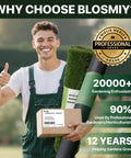 Smiling gardener holding a box of landscape staples and garden materials with Blosmiy branding on a green outdoor background.