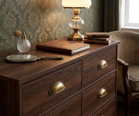 Three Inch Hole Center Antique Brass Cup Pulls Ten Pack Solid Metal Kitchen Cabinet Handles on a dark wooden dresser.