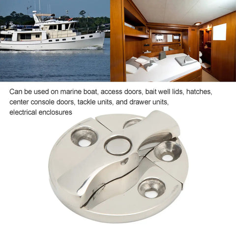 Rugged 316 Stainless Steel Marine Boat Door Catch Latch Round 45 Millimeter With Dead Secure Grip And Mirror Polish, showing polished latch.