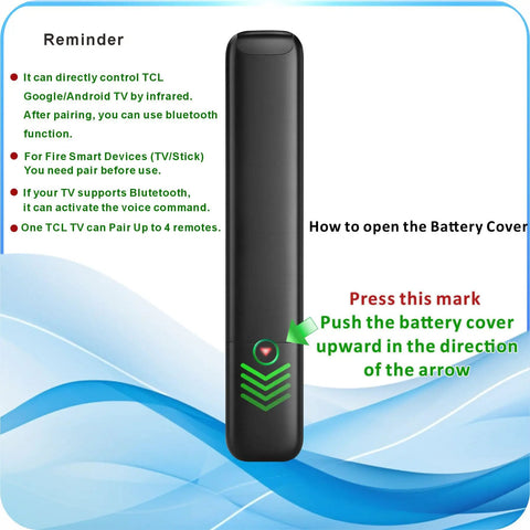 Back view of Universal Voice Control Remote With Motion Backlit And Bluetooth For Google TV Android TV Fire TV And More Converts Infrared To Hands Free Control For Modern Smart Televisions showing battery cover instructions.