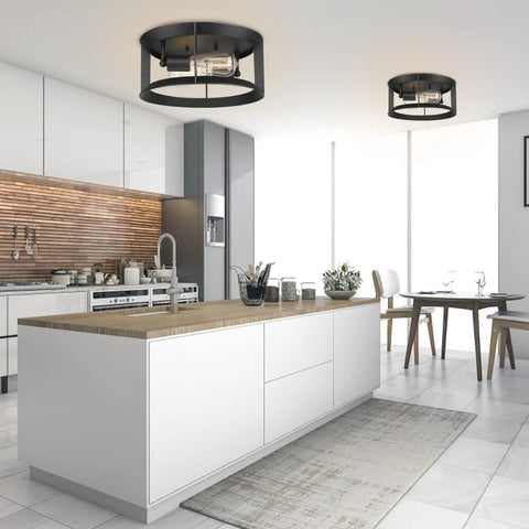 Dope Industrial Matte Black Flush Mount Ceiling Light Fixture With Two Lights E26 Sockets in modern kitchen setting