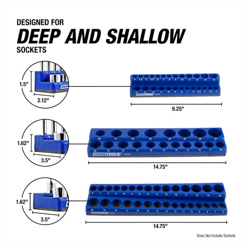 Six Pack Magnetic Socket Tray Set With Color Coded Metric And SAE Organizers For One Quarter Inch Three Eighths Inch And One Half Inch Drive Sockets Green And Blue Tool Organizer Tray Set To Keep Your Drawer Tidy showing blue tray sizes for deep and shallow sockets
