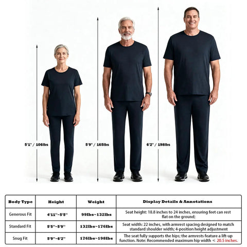 Image of three adults of varying heights displaying body types for the Total Badass Adjustable Raised Toilet Seat With Handles Heavy Duty Aluminum Safety Frame.
