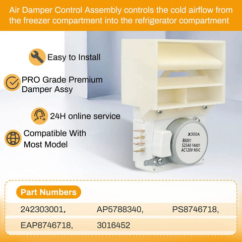 Rock Solid Refrigerator Damper Assembly for Reliable Cooling Air Damper Control Replacement shows part design and features.