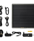 All In One Solar Panel For Trail Cameras With Built In Lithium Battery And Plug And Play Setup Compact Outdoor Hunting Accessory Field Ready Design with cables and connectors.