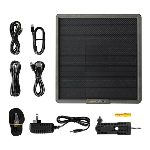 All In One Solar Panel For Trail Cameras With Built In Lithium Battery And Plug And Play Setup Compact Outdoor Hunting Accessory Field Ready Design with cables and connectors.