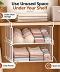 2 Pack Underwear Closet Organizer With Under Shelf Hanging Baskets keeps bras socks neatly stored under a shelf for space-saving.
