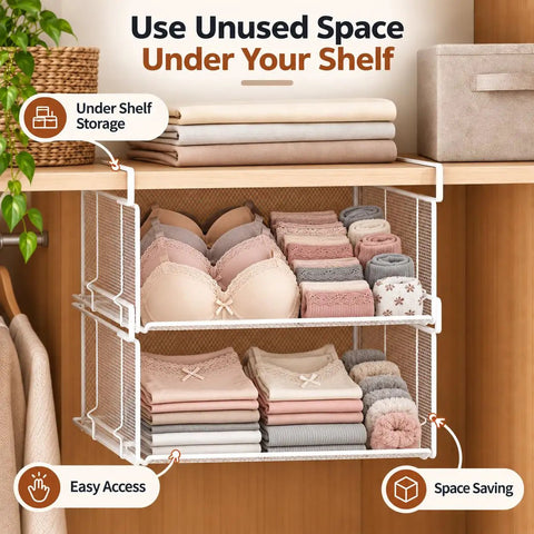 2 Pack Underwear Closet Organizer With Under Shelf Hanging Baskets keeps bras socks neatly stored under a shelf for space-saving.