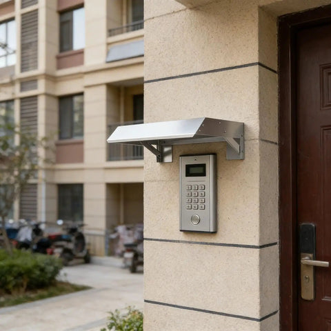 Heavy Duty EV Charger Cover With Sloped Stainless Steel Roof, weatherproof canopy over a wall-mounted control panel.