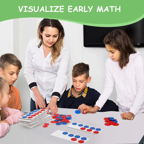 12 Sets Plastic Ten Frames For Classroom Math Manipulatives With 120 Red And Blue Counters being used by students and teacher