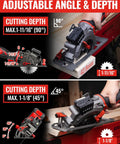 20V Cordless Mini Circular Saw Featuring Beast Mode 4500 RPM Kick And Four And One Half Inch Capacity Includes 20V 3.0Ah Battery displaying adjustable angle and depth features.