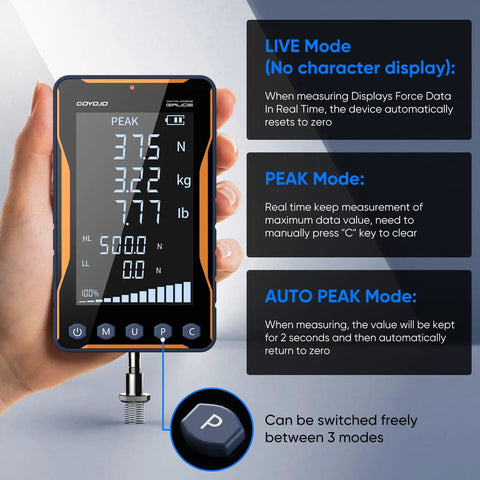 Pro-Grade Digital Force Gauge with Epic Big Screen and Bold Multi-Unit Readouts for Killer Push Pull Accuracy and Trigger Pull Testing for Industrial Quality Assurance in hand, displaying measurements.