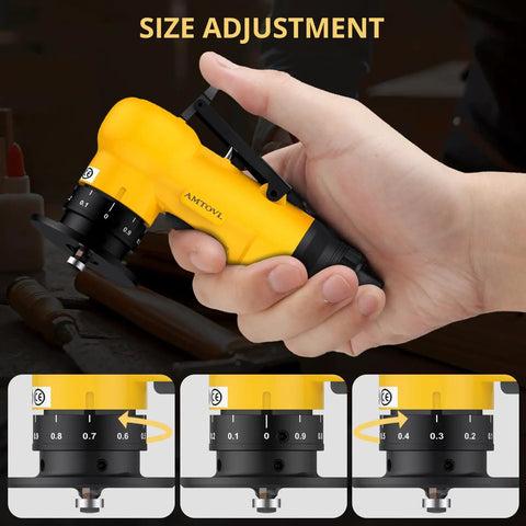 Mini Pneumatic Chamfering Tool With Ten C And Ten R Blades Steel Beveler Machine showing size adjustment dial in hand.