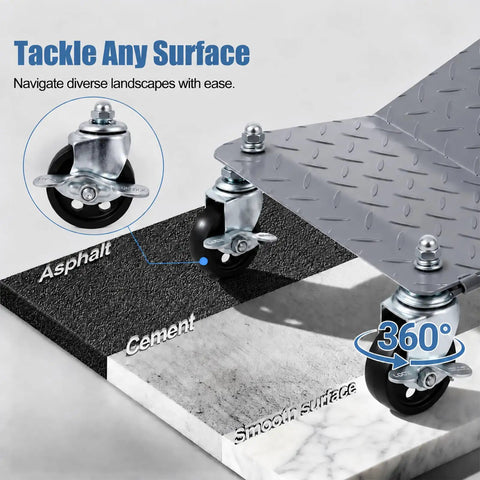 Rock Solid Heavy Duty Wheel Dolly Set Of Four With Smooth Swivel Wheels For Cars And Trucks 6000 Lbs Capacity showing wheels on asphalt, cement, and smooth surfaces.