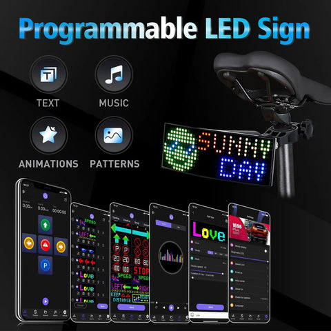Programmable LED Smart Bike Tail Light With Speedometer And App Control Custom Text Patterns And Animations display next to app interface