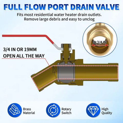 Diagram of Lead-Free Brass Water Heater Drain Valve With 3/4 In NPT Inlet And 3/4 In GHT Outlet, showing full flow capacity and features.