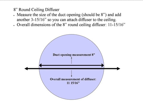 Diagram of round ceiling diffuser showing duct opening measurement of 8 inches and overall dimensions for installation guidance.