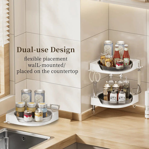 Super Sturdy Premium Three Tier Corner Shower Caddy With Slick 360 Spin Lazy Susan Tray And No Fuss Wall Mount in kitchen corner