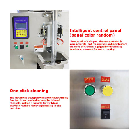 Automatic Quantitative Filling And Sealing Machine Packs 10 To 100 Ml With Slick Horizontal Mixing Hopper and control panel with buttons.
