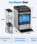Product image showing dimensions of portable countertop nugget ice maker cranking out thirty-eight pounds fast of chewable soft ice.