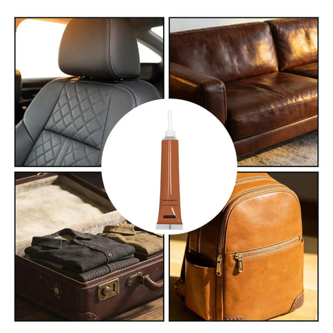 Seamless Leather Scratch Repair Balm For Restoring Faded Cracks And Scuffs Glossy Finish Multi Function Recoloring Conditioner Paste with images of leather furniture, car seat, and accessories.