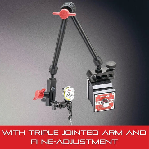 Pro Grade Magnetic Base Universal Indicator Holder With Three Pivots And Single Control Knob, triple jointed arm, 12in reach