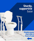 Tool-Free Heavy-Duty Free-Standing Toilet Safety Rail and Grab Bar for Bathroom with Extra-Wide Base, sturdy base shown near toilet.