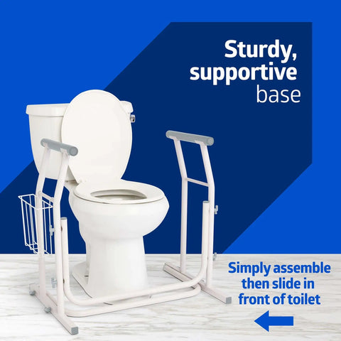 Tool-Free Heavy-Duty Free-Standing Toilet Safety Rail and Grab Bar for Bathroom with Extra-Wide Base, sturdy base shown near toilet.