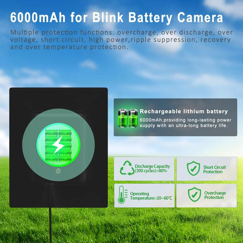 Heavy Hitter 6000 Mah Solar Panel For Security Cameras With Built In Battery Backup, showcasing 6000mAh lithium battery and safety features.