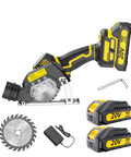 Compact Mini Circular Saw with Slick Orange Finish for Killer Cutting Action on Wood Trim and Drywall, battery and accessories included.