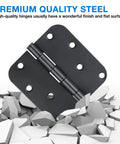 12 Pack Matte Black Door Hinges 4 Inch 5/8 Radius Plain Bearing Heavy Duty Workhorse With 270 Degree Rotation Includes 96 Extra Long Screws For Interior Doors Drawers Dressers Wardrobe close-up of matte black steel hinge on broken rocks.