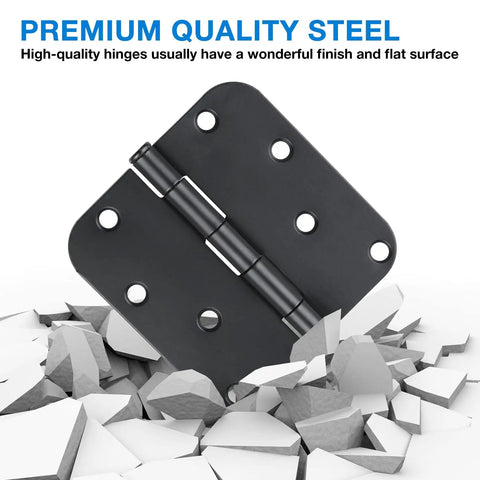 12 Pack Matte Black Door Hinges 4 Inch 5/8 Radius Plain Bearing Heavy Duty Workhorse With 270 Degree Rotation Includes 96 Extra Long Screws For Interior Doors Drawers Dressers Wardrobe close-up of matte black steel hinge on broken rocks.