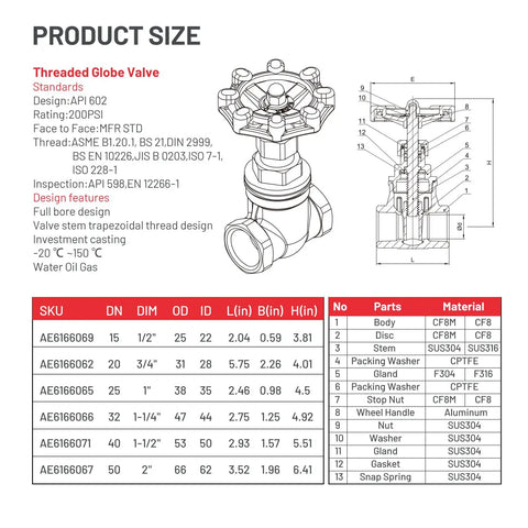 Two Pack Heavy Duty Gate Valve One Half Inch NPT Stainless Steel Female To Female Thread Rotary Valve specs diagram