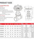 Product size chart and dimensions for threaded globe valve with design specifications and material list.