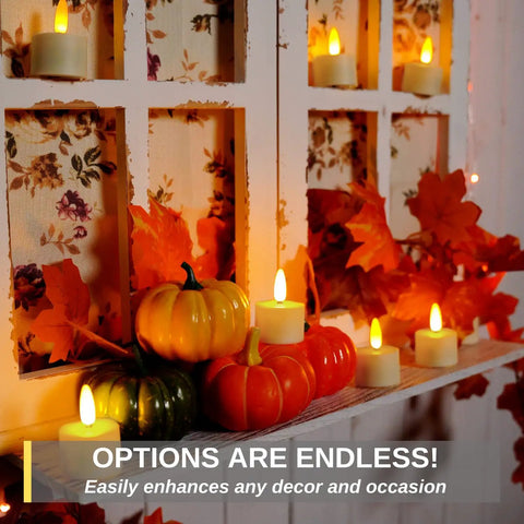Flameless Rechargeable Tea Lights With Remote Timer LED Battery Operated Flickering Candles Safe For Kids And Pets For Home Holiday Decor Cozy Vibe Mood Lighting Romantic Table Centerpieces Six Pack next to pumpkins and autumn leaves on shelf