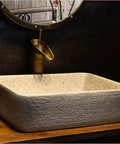 SDVantage Undermount Sink Bathroom Vessel Sink Art Countertop Basin Rectangular Ceramic Washbasin with Faucet on wooden surface.