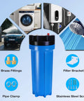 Real Deal Inline Water Softener For Every Residential Heater Kick Stubborn Calcium Crust To The Curb While Keeping Your Plumbing Smooth With NSF Certified Resin Guard blue housing with brass fittings and pipe clamp.