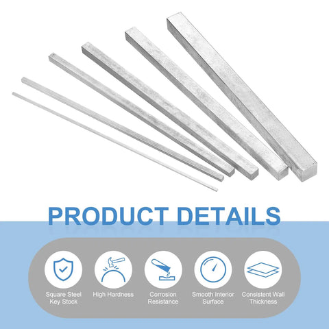Three Eighths Inch Square Steel Key Stock By Three Eighths Inch By Twelve Inch Cold Drawn 45 Steel Bar with features icons.