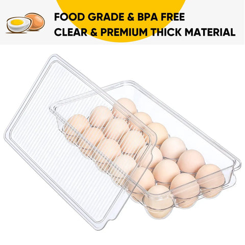 2 Pack Stackable 18 Egg Holder For Refrigerator With Lids Premium Thick Clear Fridge Egg Organizer Bins displayed with eggs inside