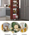Seven Tier Narrow Rolling Cart With Slick Casters Fits Snug In Tight Kitchen Corners Hella Sturdy Slim Storage Rack With Sure Grip Handle And Bold Red Finish For Cooking Essentials in modern kitchen.
