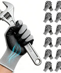 Smart Touch Work Gloves With Nitrile Grip Palm, 60 Pairs, 3D Comfort Stretch Fit, Ambidextrous Seamless Knit Nylon, Tough Black Gloves For Warehouse Hustle, Logistics, And Handling, Size Large, displayed with a wrench