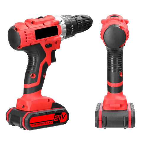 Heavy Hitter 21V Cordless Drill Set Featuring 3in1 Impact Drill And Rechargeable Battery With High Torque Selector, red handle and battery.