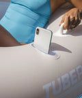 Close-up of Motorized Pool Tube Float For Adults Pro 3.0 with phone holder, joystick, and handle, blue finish